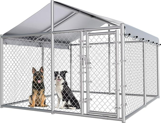 10x10ft Large Dog Kennel Outdoor, Heavy-Duty Outside Dog Kennel with Roof, Security Latch-Lock Door, Chain-Link Dog Enclosure Dog Run for Yard with Cover