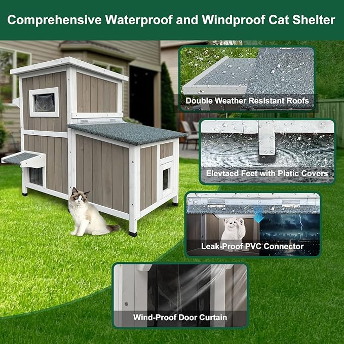 Outdoor Cat House Weatherproof, Two Story Wooden Feral Cat House Shelter with 3 Escape Door, Outside Cat Condo for Small Animals with Openable Asphalt Roof, Grey