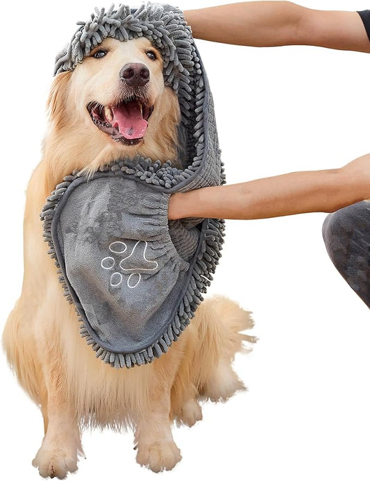 Microfiber Dog Bath Towel – Quick Dry, Ultra Absorbent Pet Drying Towel with Hand Pockets, Soft & Durable, Machine Washable, Ideal for Large & Small Dogs – Grey