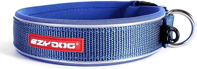 EzyDog Neo Dog Collar - Waterproof & Reflective Dog Collar with Soft Padded Neoprene for Comfort & Durable Nylon – Features Quick Release Buckle and Built-in ID Clip (Large, Blue)