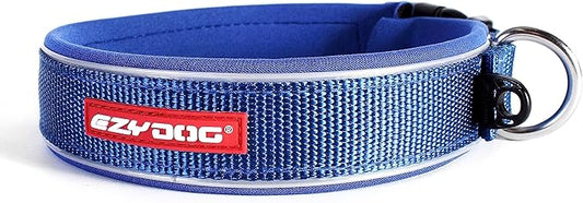 EzyDog Neo Dog Collar - Waterproof & Reflective Dog Collar with Soft Padded Neoprene for Comfort & Durable Nylon – Features Quick Release Buckle and Built-in ID Clip (Large, Blue)