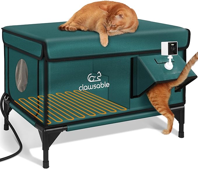 Indestructible Heated Cat House with Pet Camera for Outside Winter, 100% Waterproof, Escape Door, Insulated Outdoor Cat Shelter with Heater for Feral Barn Cat Kitty (Forest Green, 26"x16"x18")