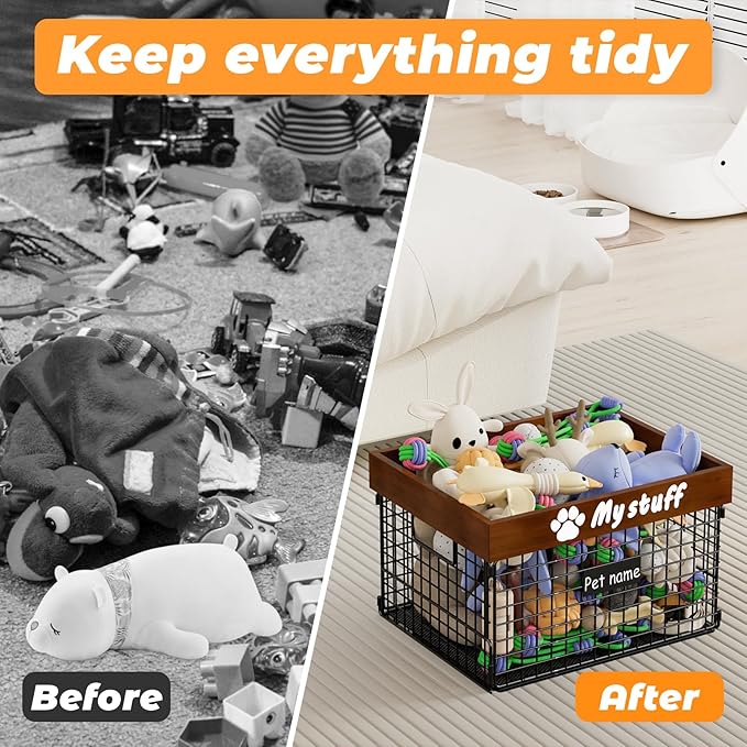 Dog Toy Bin Toy Basket Metal Storage Box with Handles Dog Organizer Chew-Proof Dog Toy Box Blankets Leashes Chest Puppy Dog Toy Storage Wood Metal Container Home Decor Pet Toys Dog Cat