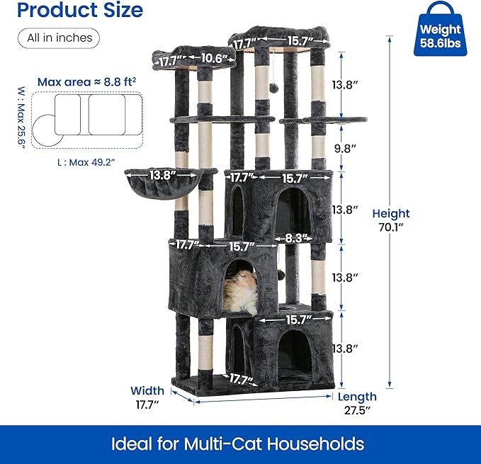 MWPO Extra Large Cat Tree - 70.1-Inch Tall Cat Tower with 3 Cat Condos, Multi-Level Cat Stand for Large Cats Featuring Scratching Posts, Padded Perches, Hammock, Dangling Toys - Smoky Grey