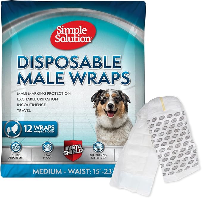 Simple Solution Disposable Wraps for Male Dogs, Dog Diapers, Male Dog Wraps, Leak Proof with Wetness Indicator, Potty Training, Doggie Diaper for Incontinence, 15 – 23 Inch Waist, (M,12 Count)