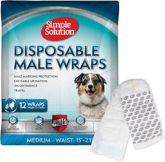 Simple Solution Disposable Wraps for Male Dogs, Dog Diapers, Male Dog Wraps, Leak Proof with Wetness Indicator, Potty Training, Doggie Diaper for Incontinence, 15 – 23 Inch Waist, (M,12 Count)