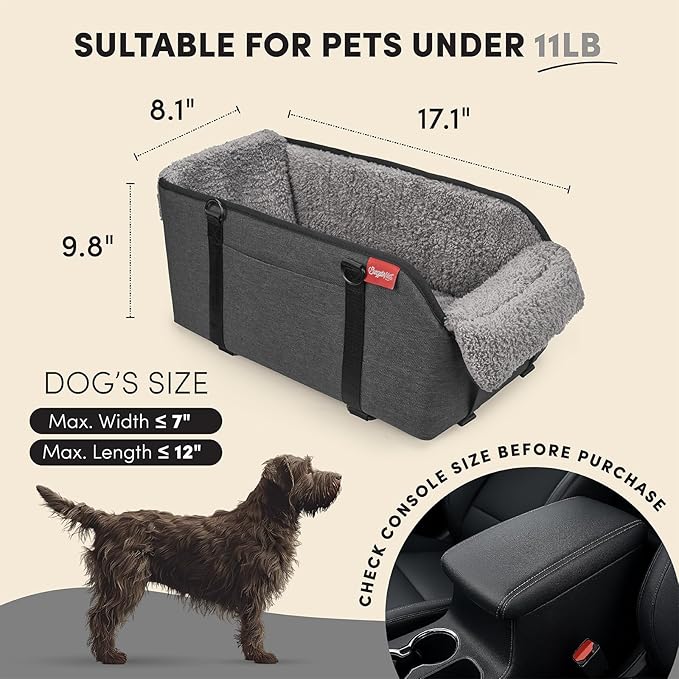 BurgeonNest Center Console Small Dog Car Seat - Portable Pet Cat Puppy Booster Armrest Carseat Up to 11lbs, Anti-Collapse Comfort Car Travel with Washable Fluffy Cushion and Pillow, Grey