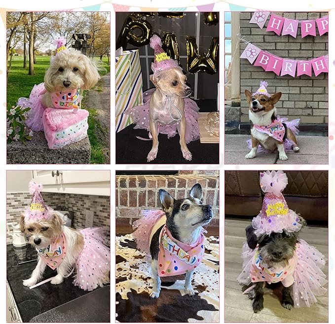 SCENEREAL Dog Birthday Bandana with Hat and Dress Girl Set, Puppy Birthday Party Supplies, Cute Pink Tutu Skirt Outfit for Small Medium Large Dogs