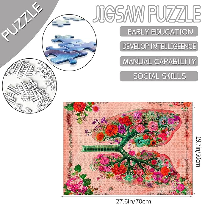 Flower Organs Jigsaw Puzzle Vintage Lungs Floral 1000 Pieces Puzzles Game Human Anatomy Jigsaw Puzzles for Adults Home Decor DIY Craft Puzzle Gift for Friends and Family 20 x 27 Inch