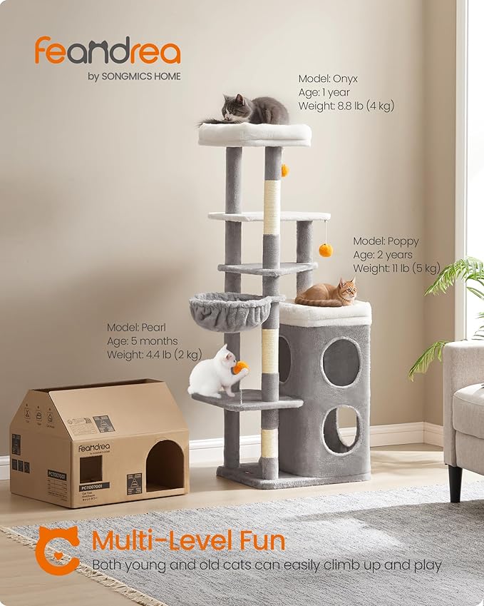 Feandrea Tall Cat Tree Tower, Multiple-Level Cat Condo with 2 Caves, 3 Scratching Posts, 3 Perches, Dove Gray UPCT007G01