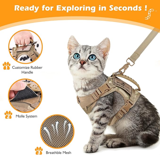 Tactical Cat Harness and Leash Set for Walking Escape Proof, Adjustable Large Cat Vest Harness with Molle Patches, Soft Mesh Padding, Rubber Handle Easy to Control (Large, Beige)