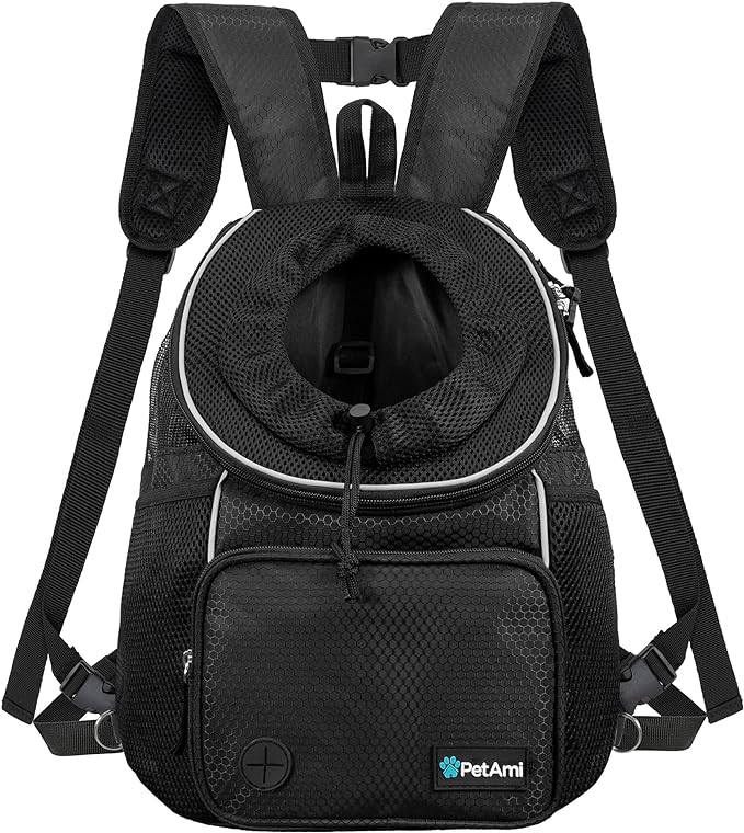 PetAmi Adjustable Dog & Cat Chest Carrier Backpack, Ventilated for Hiking, Camping & Travel, Max 10 lbs, Black