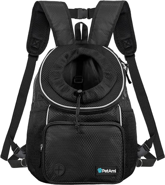 PetAmi Adjustable Dog & Cat Chest Carrier Backpack, Ventilated for Hiking, Camping & Travel, Max 10 lbs, Black