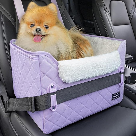 PETSFIT Dog Car Seats for Small Dogs – Patented Safety Buckles – Safety Tether – Foldable Travel Cat Car Seat Reduces Anxiety & Road Trips – Stable Frame, Fits Front/Back Seat (Lavender Purple)