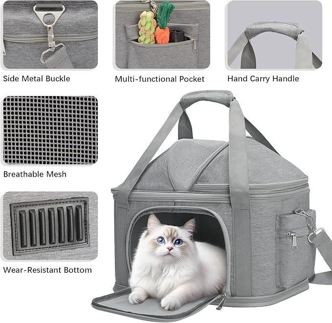 Airline Approved Pet Carrier Soft-Sided Dog Carriers Travel Tote Bag for Small Dogs Cats, Foldable Pet Bag for Puppies Small Animals with Pockets (Grey, 16.2" x 11.4" x 13")