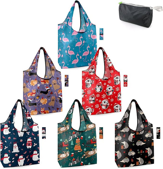 BeeGreen Christmas Animals Reusable Grocery Bags 6 Pack Animal Pattern Reusable Shopping Bags Bulk Christmas Gifts Tote Bags Flamingo Peguin Dog Cat Hedgehog Bear