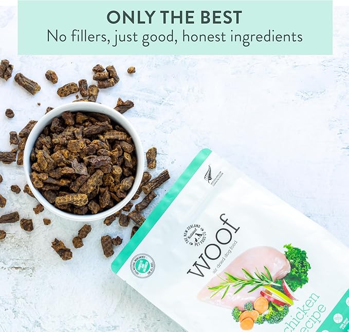 The New Zealand Natural Pet Food Co WOOF Air Dried Dog Bites - Chicken Recipe Dog Food High Protein Toppers for Dry Dog Food, Healthy Dog Food,26.5oz