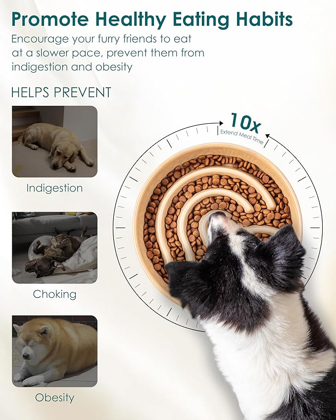 vancasso Slow Feeder Dog Bowl, 3 Cup Ceramic Slow Feeding Food Dish for Large Breed, Puzzle Dog Food Bowl for Fast Eater, Brown