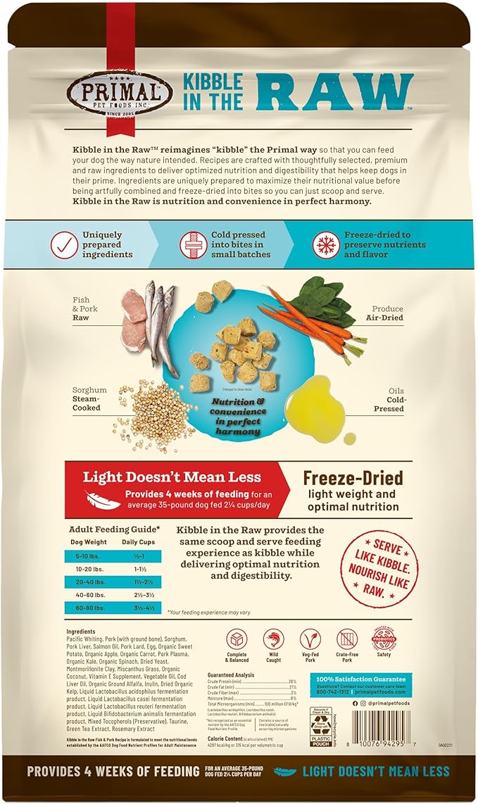 Primal Kibble in The Raw, Freeze Dried Dog Food, Fish & Pork, Scoop & Serve, Made with Raw Protein, Whole Ingredient Nutrition, Crafted in The USA, Dry Dog Food 9 lb Bag