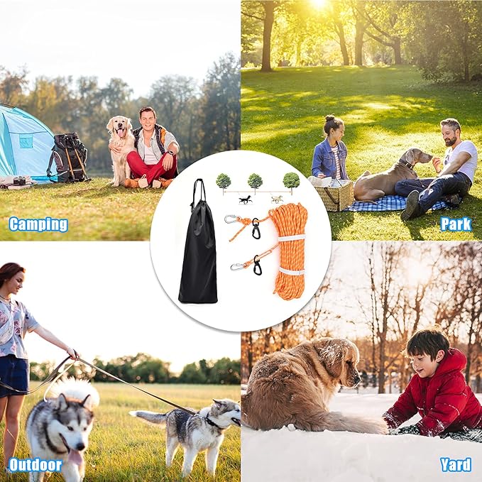 Dog Tie Out Cable for Camping, 100ft Reflective Overhead Trolley System for 2 Dogs, Portable Dog Hitching Lead up to 300lbs, Dogs Runner for Yard Camping Training Running Hiking Outdoor