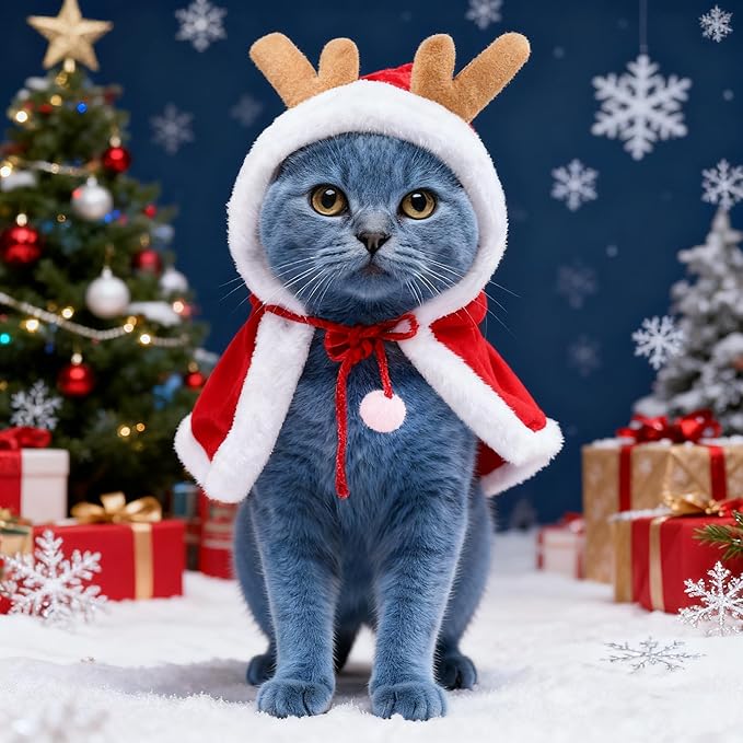 Cat Christmas Costume Reindeer Cloak - Soft Plush Adjustable Cape for Cats & Small Dogs, Warm Holiday Party Dress Up for Xmas Photos, Gift for Pet Lovers