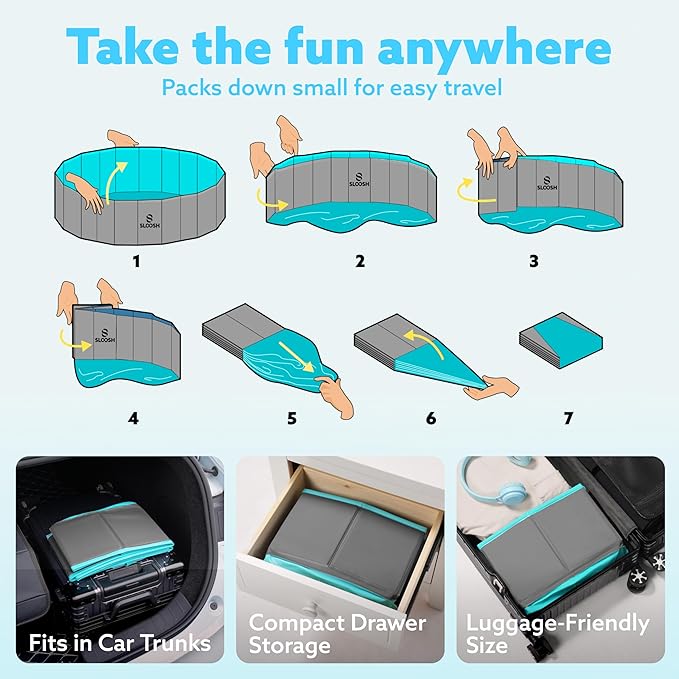 SLOOSH Foldable Dog Kiddie Pool - Portable Hard Plastic Doggie Swimming Pool, Anti-Slip Collapsible Pets Bath Tub Suitable for Kids Indoor Outdoor Backyard Use (48" x 12", Grey)