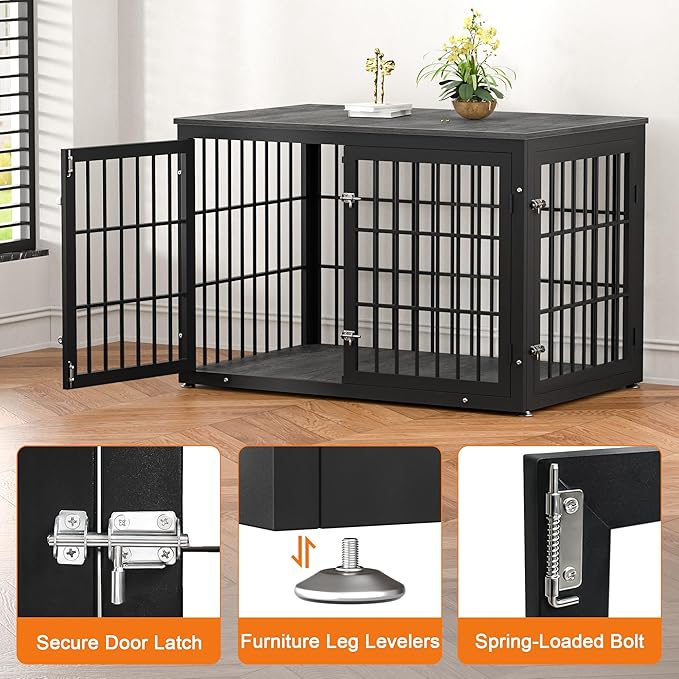 48 Inch Heavy Duty Dog Crate Furniture for Large Dogs, Decorative Pet House End Table, Extra Large Wooden Cage Kennel Furniture Indoor, Black and Gray