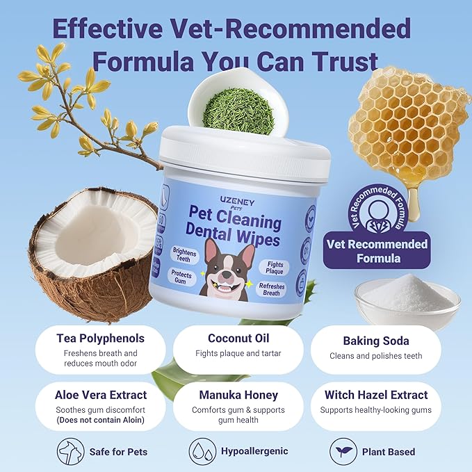 Pet Teeth Cleaning Wipes for Dogs&Cats, 60 pcs Dental Finger Wipes, Larger Sized, Plant Extract Ingredients Refresh Breath & Control Plaque & Protect Gum, Dog Tooth Brushing Kit, Unscented