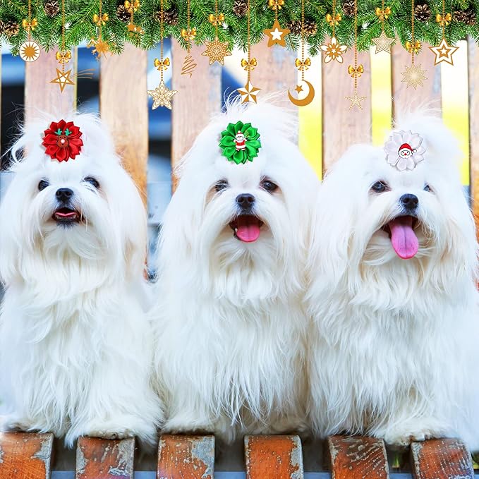 Sadnyy 60 Pack Christmas Dog Hair Bows Christmas Flower Bows with Rubber Bands Puppy Bows Hair Accessories Dog Bows Grooming for Small to Large Dogs Cats Pets (Snowman)