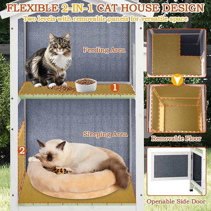 PetsCosset Insulated Cat House Outdoor Weatherproof All-Round Insulation Two Story Outside Wooden Feral Cat Shelter for Winter with 2 Escape Doors, Pull Out Floor and Openable Roof for Cats, Green