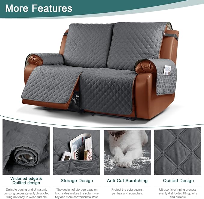 Ruaozz Waterproof Recliner Sofa Cover 1-Piece Couch Covers for Reclining Couches Reclining Sofa Cover Washable Furniture Protector with Elastic Straps Pocket for Kids, Pets (Dark Grey, XL 2 Seater)