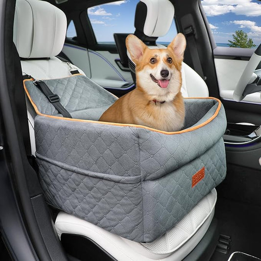Dog Seat for Small Medium Dogs - 0-35 lbs, Memory Foam Booster Seat with Adjustable Leashes, Elevated Dog Car Travel Bed with Storage Pockets