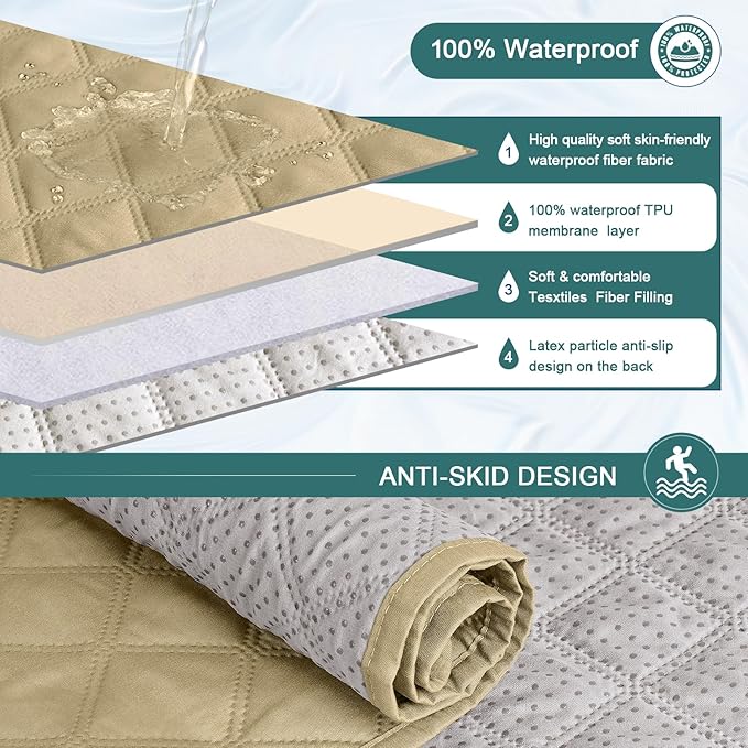 Ruaozz Waterproof Recliner Sofa Cover 1-Piece Couch Covers for Reclining Couches Reclining Sofa Cover Washable Furniture Protector with Elastic Straps Pocket for Kids, Pets (Sand, 3 Seater)