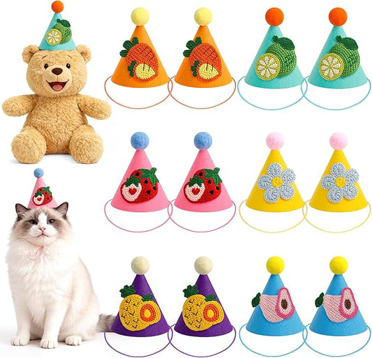 12pcs Mini Party Hats for Stuffed Animals, Small Colorful Birthday Hats with Cute Fruit Knitted Applique for Dolls Dogs Cats Rabbits, Birthday Party Decoration Supplies