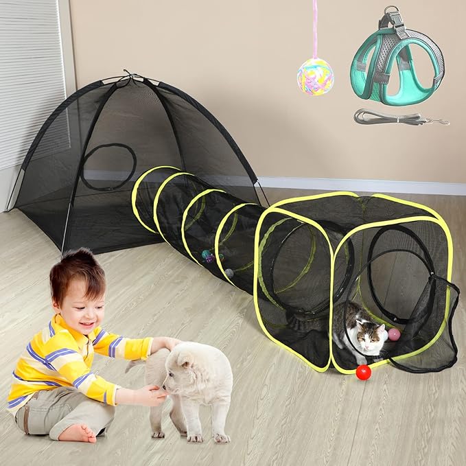 Outdoor Cat Enclosures for Indoor, Portable Mesh Tent, Outdoor pet Tunnel, Cat Playhouse with Adjustable Cat Harness and Leash for Walking, Colorful Tease Ball for Small Animals