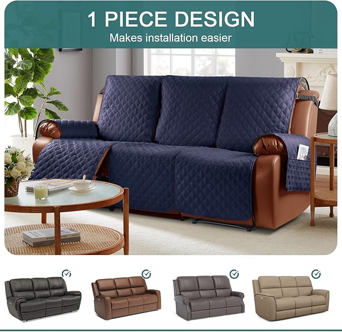 Ruaozz Waterproof Recliner Couch Covers 1-Piece Sofa Covers Washable Recliner Covers Non-Slip Furniture Protector with Elastic Straps Pocket for Kids, Pets(Dark Blue, 3 Seater)