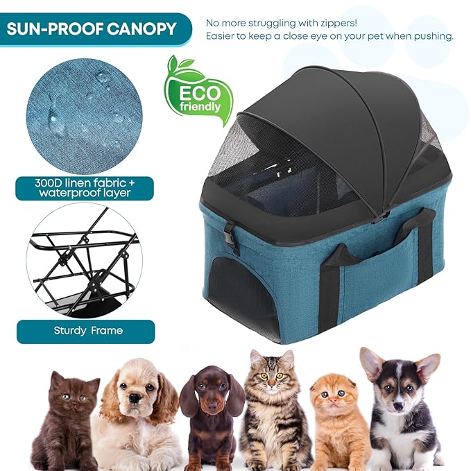 2-in-1 Foldable Pet Stroller with Canopy, 4 Wheels Pet Strolling Cart for Small/Medium Dogs and Cats with Removable Carrier,Breathable Mesh,Mom Tote Bag,Cup Holders,Easy Assembly,Black+Green