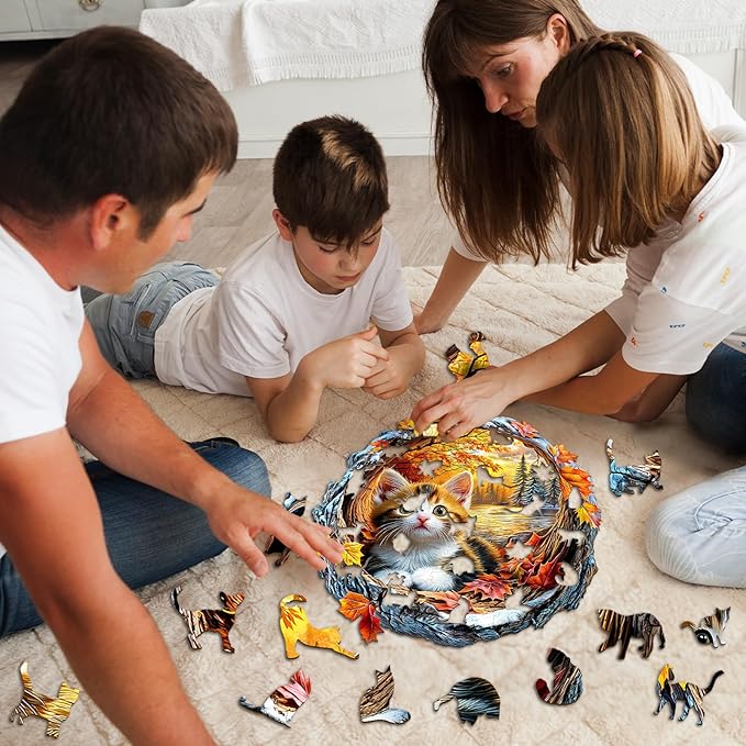 Wooden Puzzles for Adults - Kitten in Autumn Wooden Jigsaw Puzzle, Unique Animal Shaped Wood Puzzles Adult, Christmas Birthday Gifts for Friends/Family, Home Decor 8.5 * 8.4in 100pcs