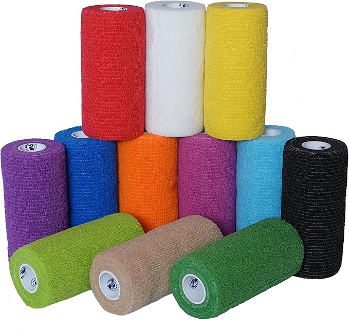 4 Inch - 12 Rolls Self Adhesive Bandage Wrap Vet Wrap for Dogs - Wrap Tape Athletic Cohesive Bandage for Sports Injury, Strain, Knee&Wrist, Ankle Sprains. First Aid Non-Woven Bandages