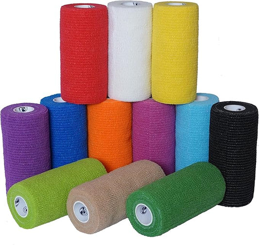 4 Inch - 12 Rolls Self Adhesive Bandage Wrap Vet Wrap for Dogs - Wrap Tape Athletic Cohesive Bandage for Sports Injury, Strain, Knee&Wrist, Ankle Sprains. First Aid Non-Woven Bandages