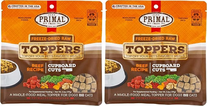 Primal Dog Food Toppers & Cat Food Toppers, Cupboard Cuts, Grain Free Meal Mixers with Probiotics, Raw Freeze Dried Dog Treats & Cat Treats, Great for Training (Beef, 3.5 oz) (Pack of 2)