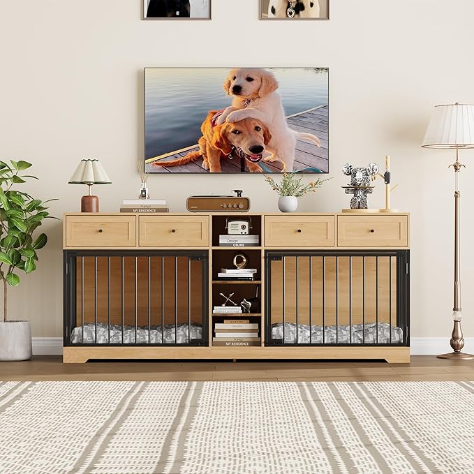 GarveeHome 82" Double Dog Crate Furniture, Large Dog Kennel Indoor for 2 Dogs, Heavy Duty Wooden Dog Crate TV Stand with 4 Drawers and Shelves, Natural