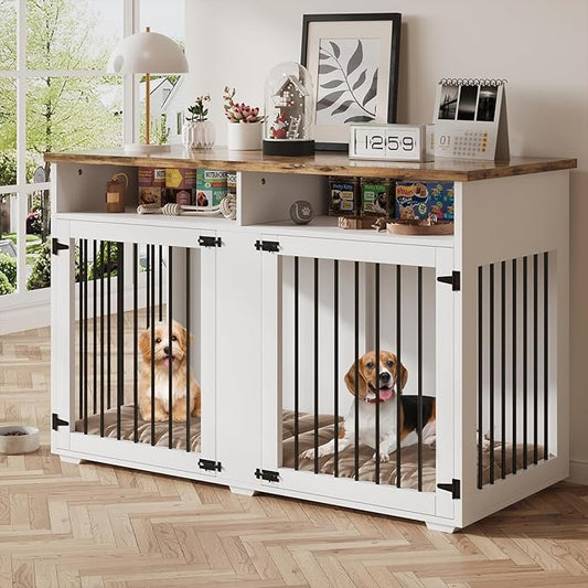 Dog Crate Furniture for 2 Dogs, 55 Inch Dog Crate Indoor with Removable Divider and Shelf Storage, Wooden Dog Crates for Medium Dogs, White