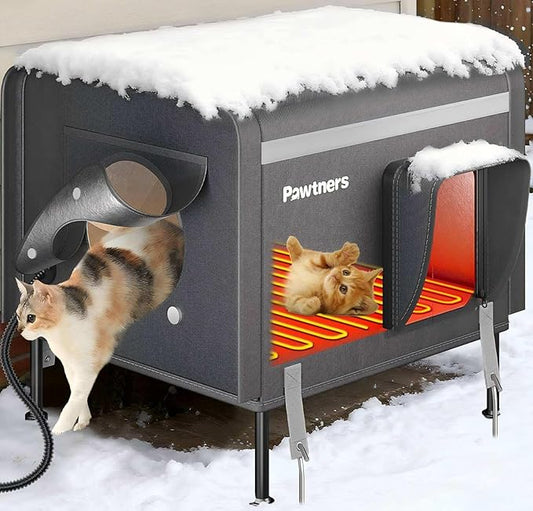 Pawtners Heated Outdoor Cat House for Outside Cats, 19'' Large Insulated Weatherproof Cat Shelter with Heated Pad, Elevated Feet & Escape Door, Warm Kitty House for Feral or Stray Cats in Winter