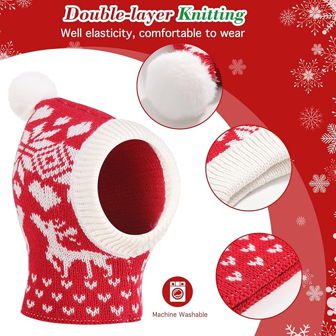 Pawaboo Christmas Pet Hat for Dogs, Funny Knitted Xmas Cap with Pom-Pom, Crocheted Snood Winter Warm Ear Flap Hat, Neck Warmer Hood Scarf for Medium Dogs, Party Decoration Gift, M, Xmas Elk Red