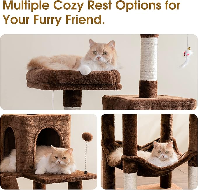 MWPO 70.1-Inch Large Cat Tree, Multi-Level Tall Cat Tower for Indoor Cats, Plush Cat Condo with Big Padded Perches, Sisal-Covered Scratching Posts, Hammock, Toys for Kittens & Cats - Brown