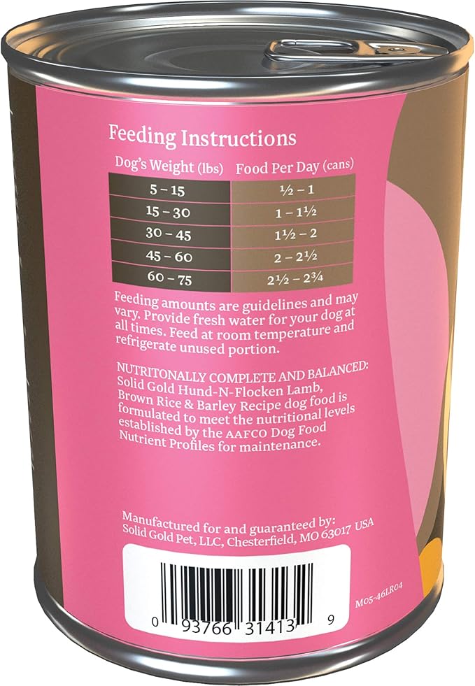Solid Gold Canned Dog Food for Adult & Senior Dogs - Made with Real Lamb and Healthy Whole Grains - Hund-N-Flocken High Calorie, High Protein Wet Dog Food