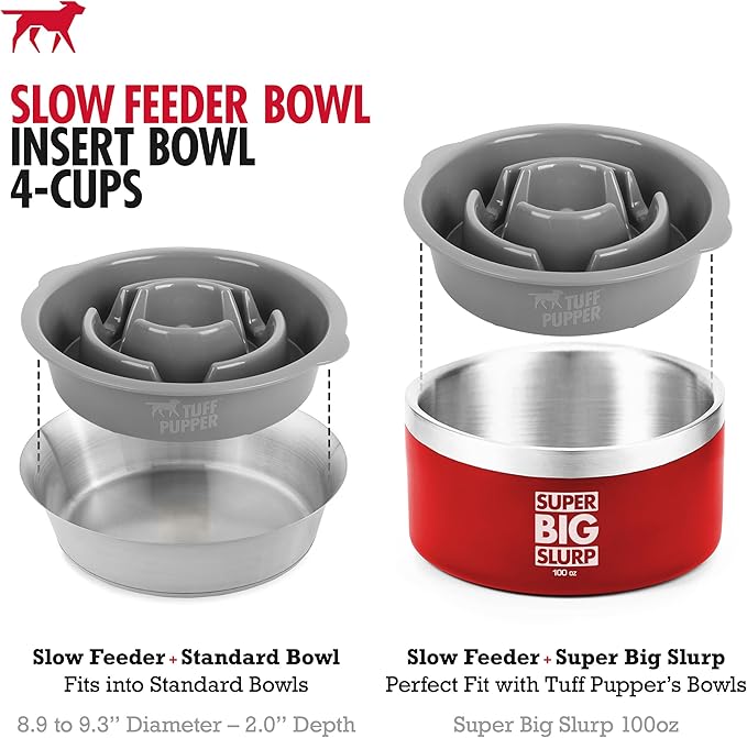 Tuff Pupper Slow Feeder Insert Bowl | Puzzle Maze Slows Down Eating | Elevated Feeder Tray Bowls | Standalone Dog Bowl | Pet Bowls Insert | Easy Clean Dishwasher Safe (4 Cups - Fits 8.9-9.3 Inch Hole)