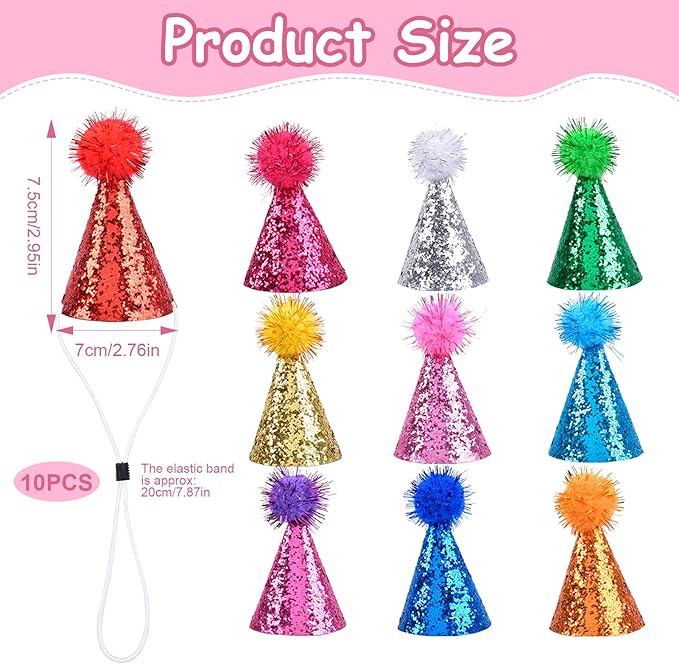 10Pcs Dog Cat Birthday Hat Mini Party Birthday Hats for Stuffed Animals Set Cute Small Party Hats with Glitter Adjustable Pastel Pet Grooming Costume Accessories Mini Stuff for Small Dogs Cats