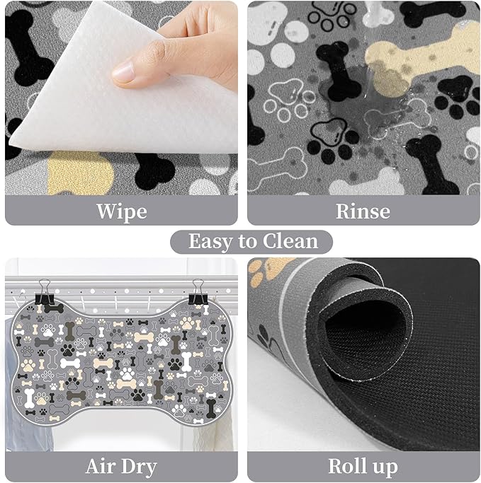 Dog & Cat Food Mat Bone Shaped Pet Feeding Mat Quick Absorb Water Bowl Placemat with Rubber Backing Indoor Floor Stain Resistant Pet Accessory Supplies (Gray, 17x29 Inches)